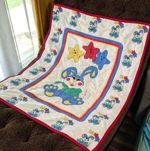 Vintage Blue Bunny Rabbit w/ Yellow Red Blue Star Balloons Crib Sheet 80s 90s